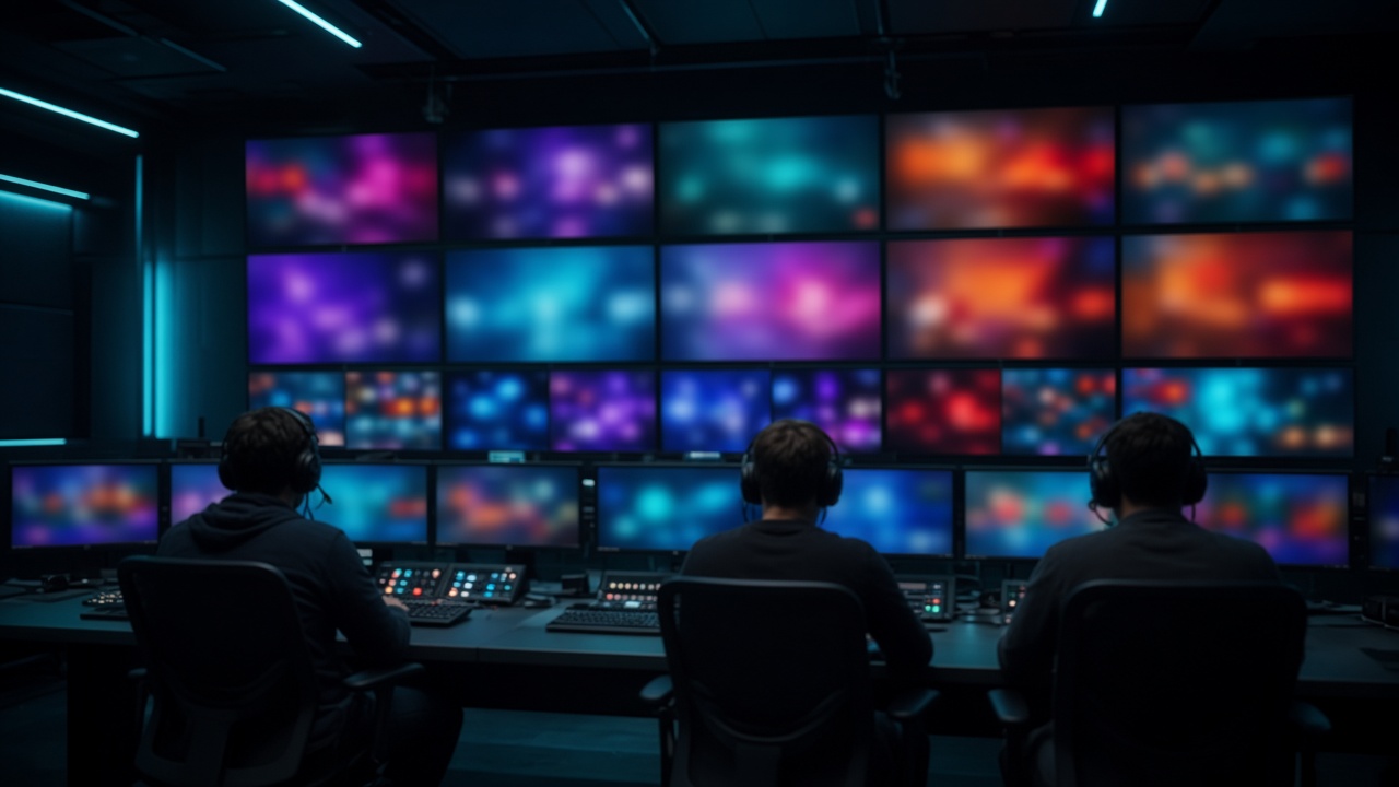 Analyst monitors inside a broadcast control room