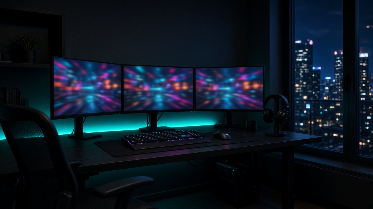 Triple monitor battlestation with teal bias lighting
